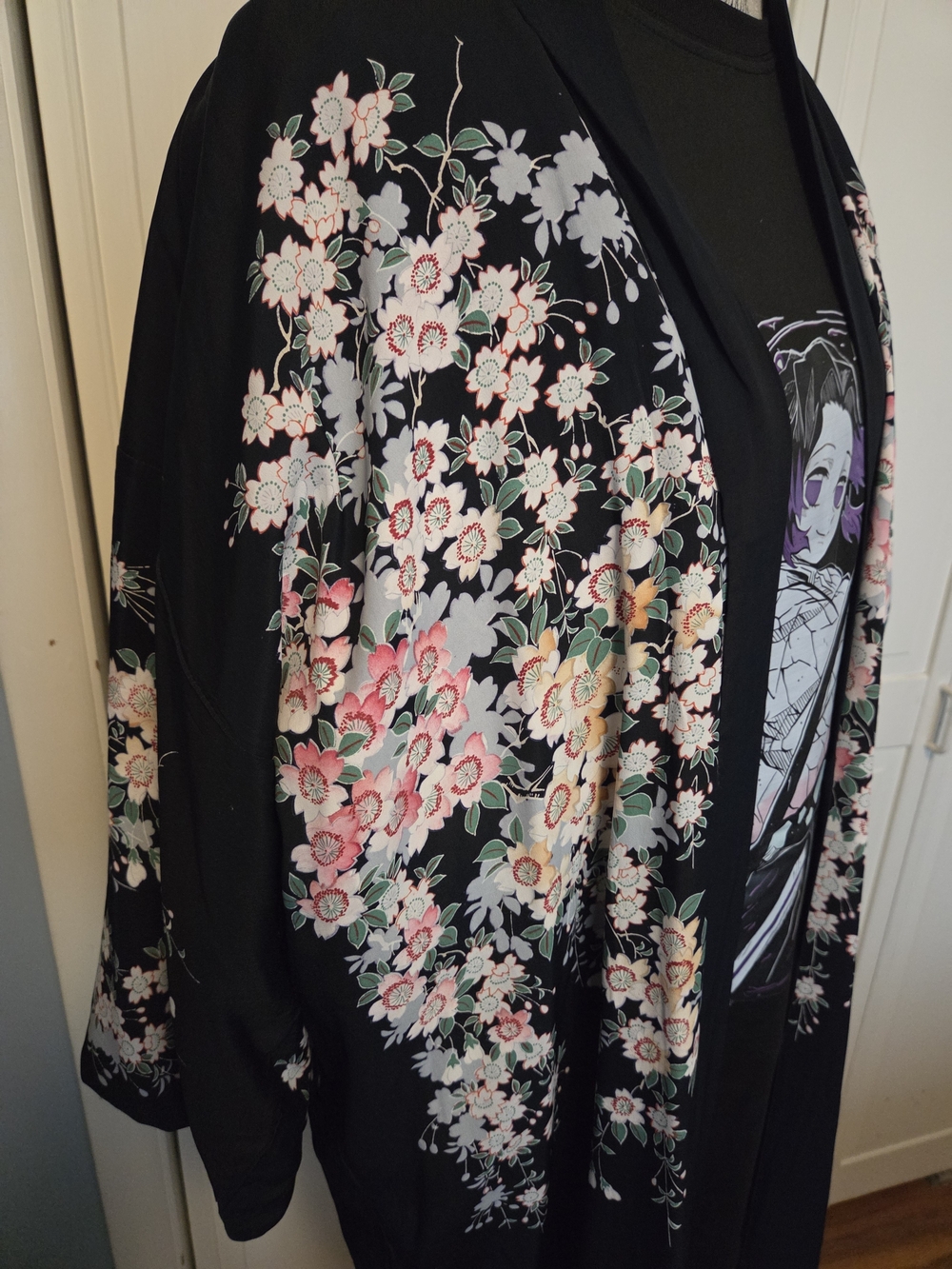 Vintage Black Kimono with Cherry Blossom Design
